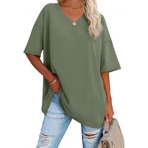 imageATHMILE Womens Summer Oversized Shirts V Neck Business Casual Workout Tops Beach Vacation 2025 Gym ClothesDark Gray Green