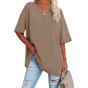 imageATHMILE Womens Summer Oversized Shirts V Neck Business Casual Workout Tops Beach Vacation 2025 Gym ClothesDesert