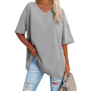 imageATHMILE Womens Summer Oversized Shirts V Neck Business Casual Workout Tops Beach Vacation 2025 Gym ClothesGrey