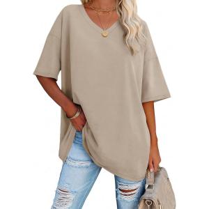 imageATHMILE Womens Summer Oversized Shirts V Neck Business Casual Workout Tops Beach Vacation 2025 Gym ClothesKhaki