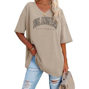 imageATHMILE Womens Summer Oversized Shirts V Neck Business Casual Workout Tops Beach Vacation 2025 Gym ClothesKhaki1