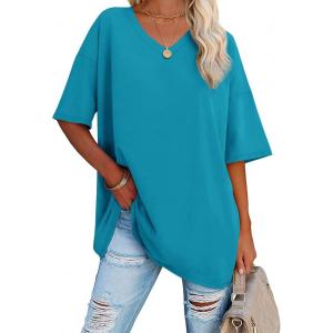 imageATHMILE Womens Summer Oversized Shirts V Neck Business Casual Workout Tops Beach Vacation 2025 Gym ClothesLake Blue