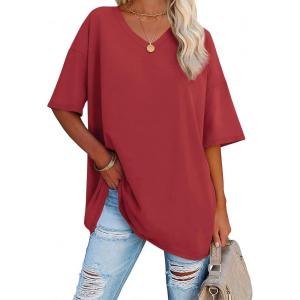 imageATHMILE Womens Summer Oversized Shirts V Neck Business Casual Workout Tops Beach Vacation 2025 Gym ClothesRed