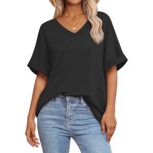 imageATHMILE Womens Oversized T Shirts Loose Fit V Neck Short Sleeve Summer Casual Blouse 2025 Y2K Tee TopsBlack
