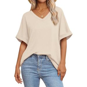 imageATHMILE Womens Oversized T Shirts Loose Fit V Neck Short Sleeve Summer Casual Blouse 2025 Y2K Tee TopsCream