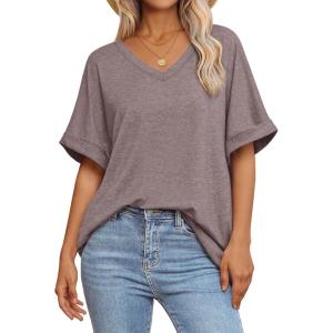 imageATHMILE Womens Oversized T Shirts Loose Fit V Neck Short Sleeve Summer Casual Blouse 2025 Y2K Tee TopsGray Purple