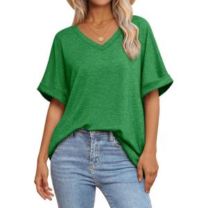imageATHMILE Womens Oversized T Shirts Loose Fit V Neck Short Sleeve Summer Casual Blouse 2025 Y2K Tee TopsGreen