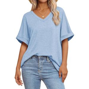 imageATHMILE Womens Oversized T Shirts Loose Fit V Neck Short Sleeve Summer Casual Blouse 2025 Y2K Tee TopsIce Blue