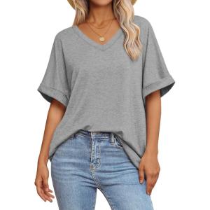 imageATHMILE Womens Oversized T Shirts Loose Fit V Neck Short Sleeve Summer Casual Blouse 2025 Y2K Tee TopsLight Gray