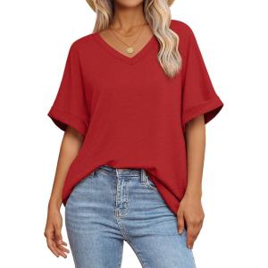 imageATHMILE Womens Oversized T Shirts Loose Fit V Neck Short Sleeve Summer Casual Blouse 2025 Y2K Tee TopsRed