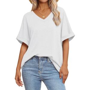 imageATHMILE Womens Oversized T Shirts Loose Fit V Neck Short Sleeve Summer Casual Blouse 2025 Y2K Tee TopsWhite