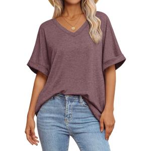 imageATHMILE Womens Oversized T Shirts Loose Fit V Neck Short Sleeve Summer Casual Blouse 2025 Y2K Tee TopsWine Red