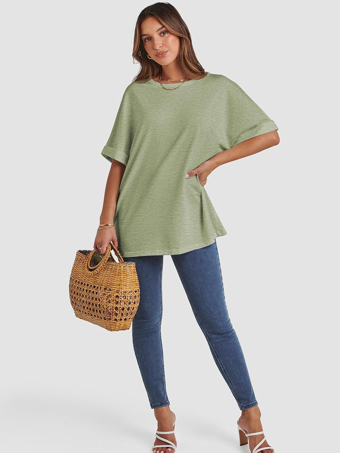 imageATHMILE Womens Oversized T Shirts Summer Tops Spring Casual Loose Fit Workout Short Sleeve 2025 Beach VacationArmy Green
