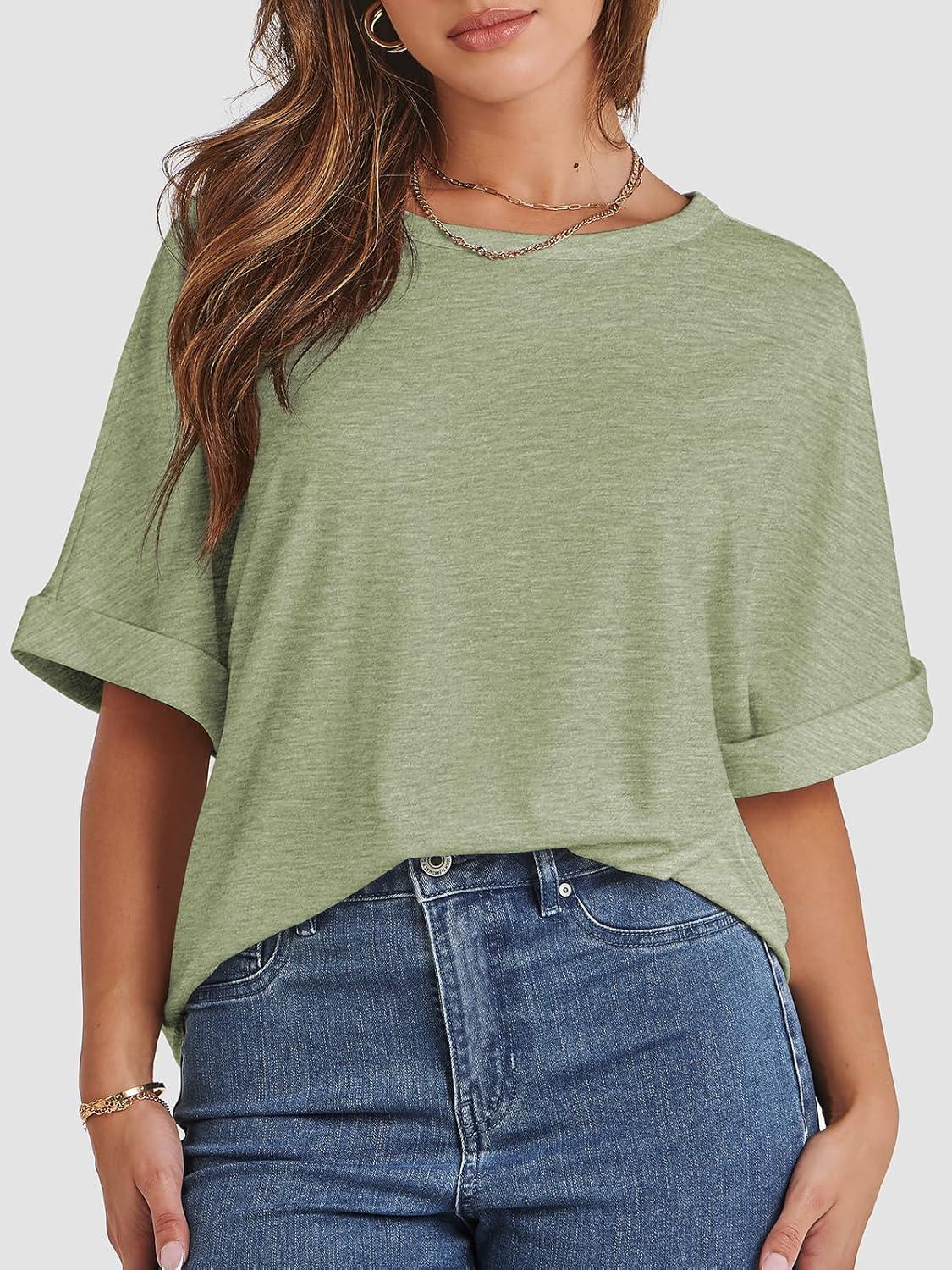 imageATHMILE Womens Oversized T Shirts Summer Tops Spring Casual Loose Fit Workout Short Sleeve 2025 Beach VacationArmy Green
