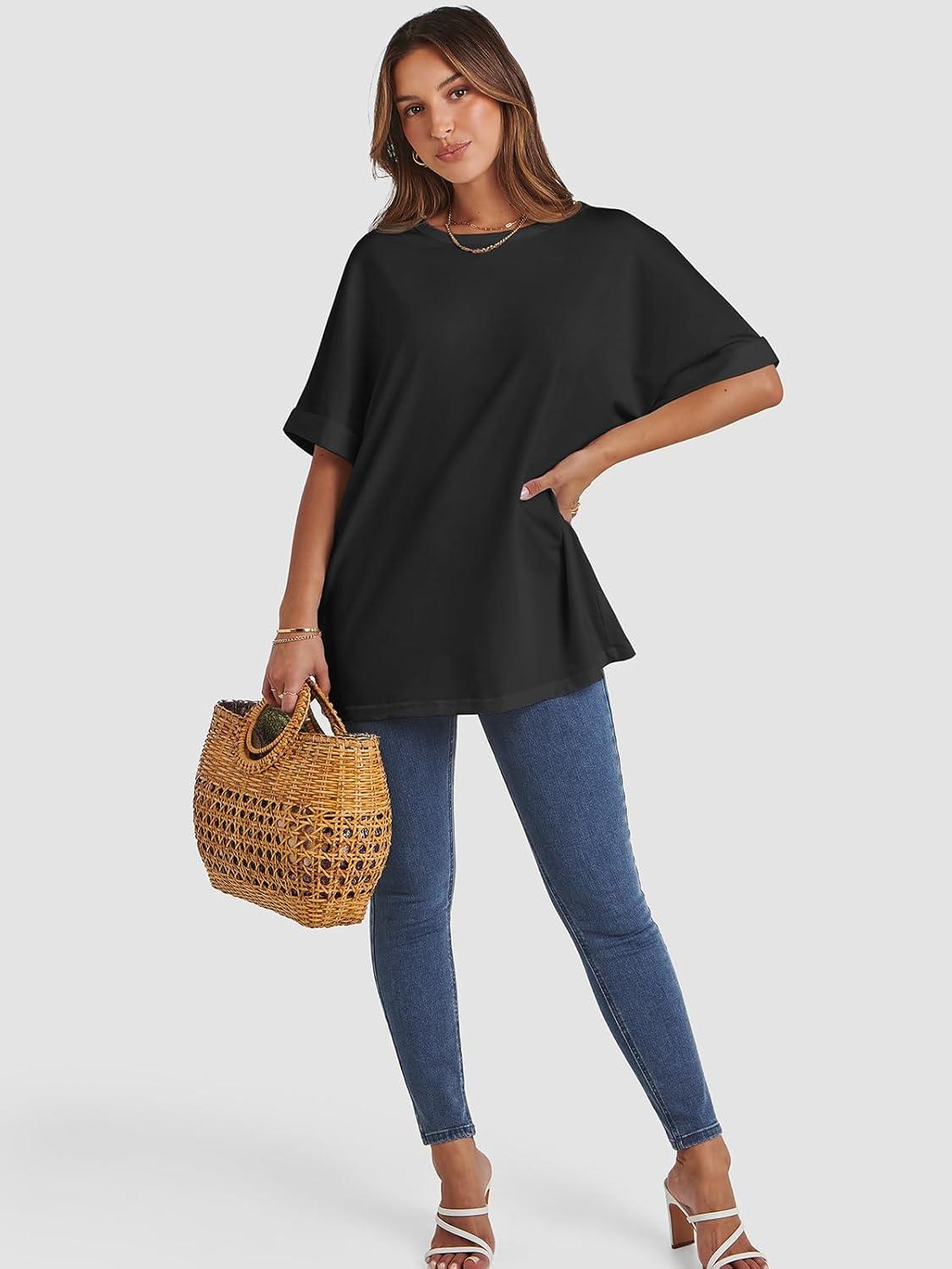 imageATHMILE Womens Oversized T Shirts Summer Tops Spring Casual Loose Fit Workout Short Sleeve 2025 Beach VacationBlack
