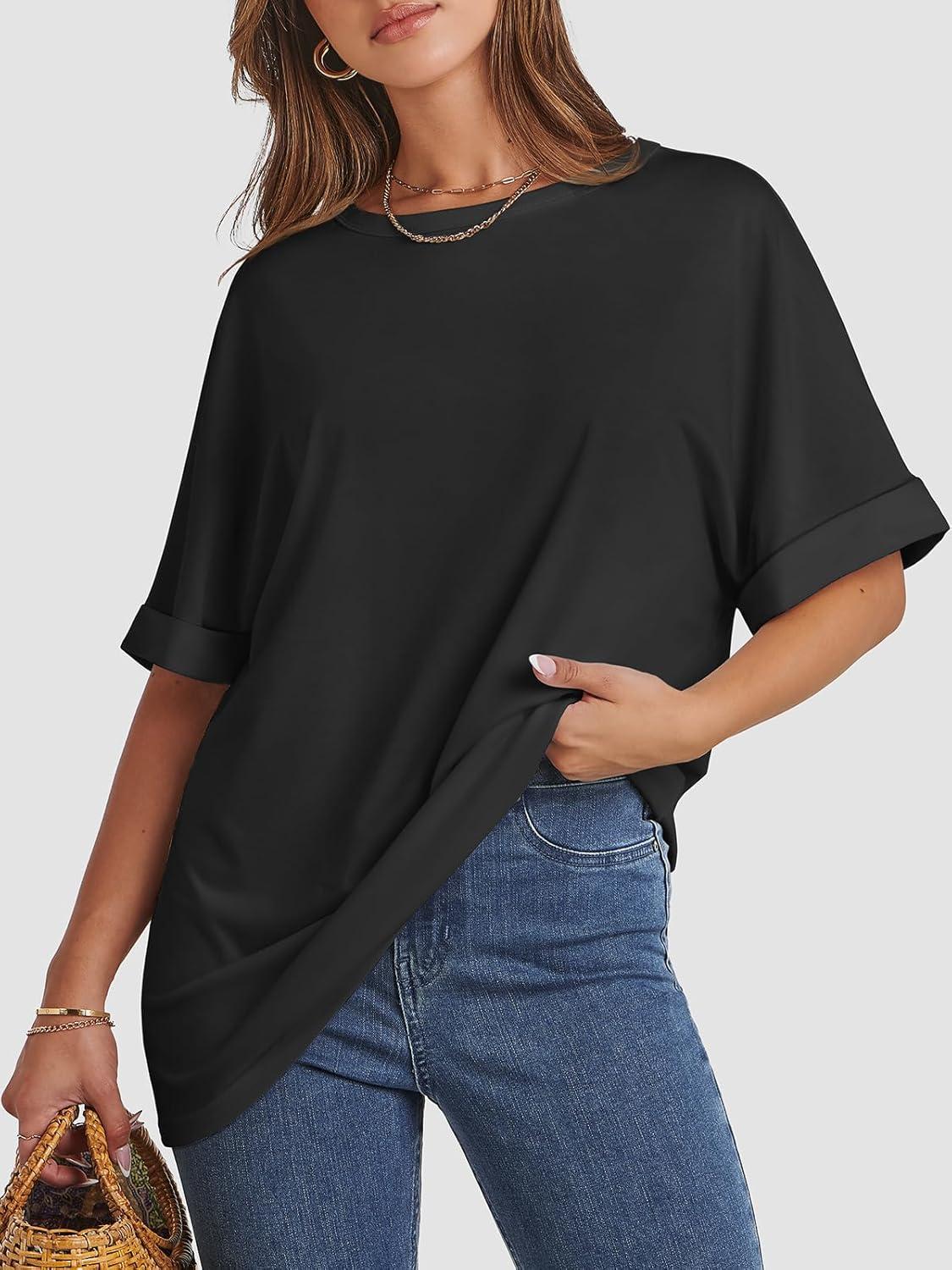 imageATHMILE Womens Oversized T Shirts Summer Tops Spring Casual Loose Fit Workout Short Sleeve 2025 Beach VacationBlack