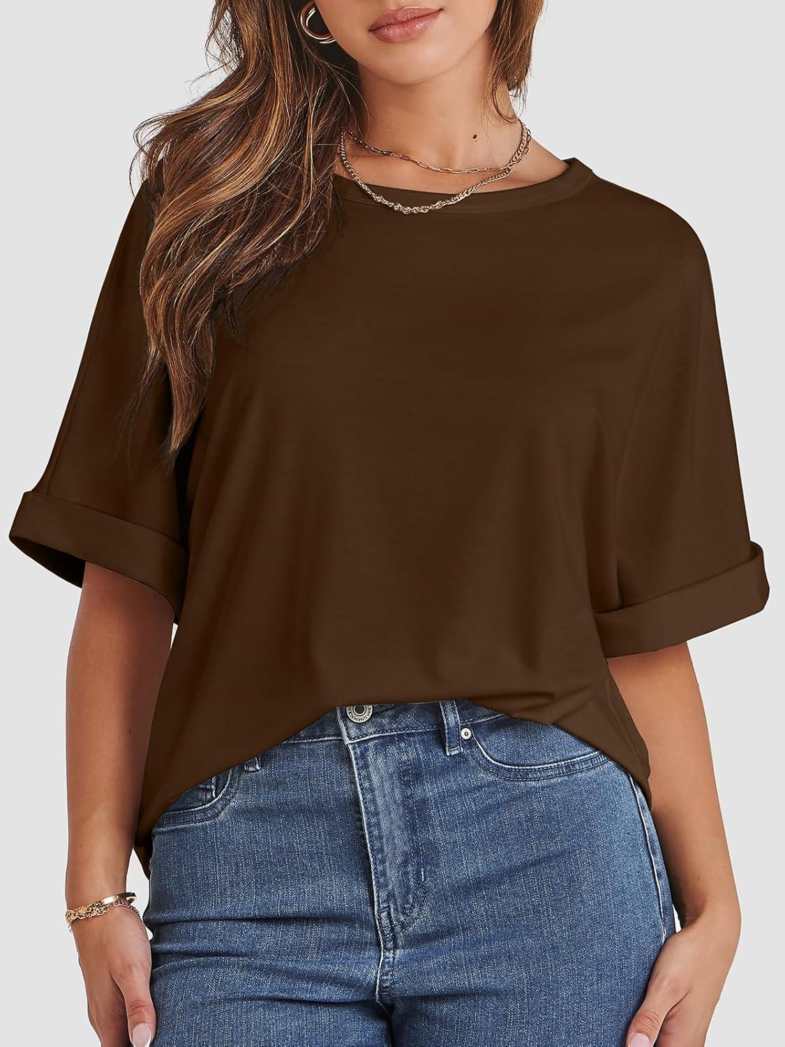 imageATHMILE Womens Oversized T Shirts Summer Tops Spring Casual Loose Fit Workout Short Sleeve 2025 Beach VacationBrown