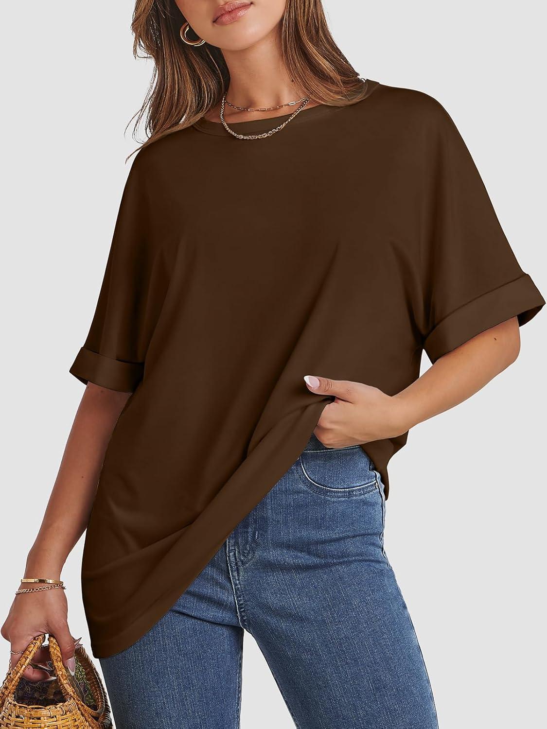 imageATHMILE Womens Oversized T Shirts Summer Tops Spring Casual Loose Fit Workout Short Sleeve 2025 Beach VacationBrown