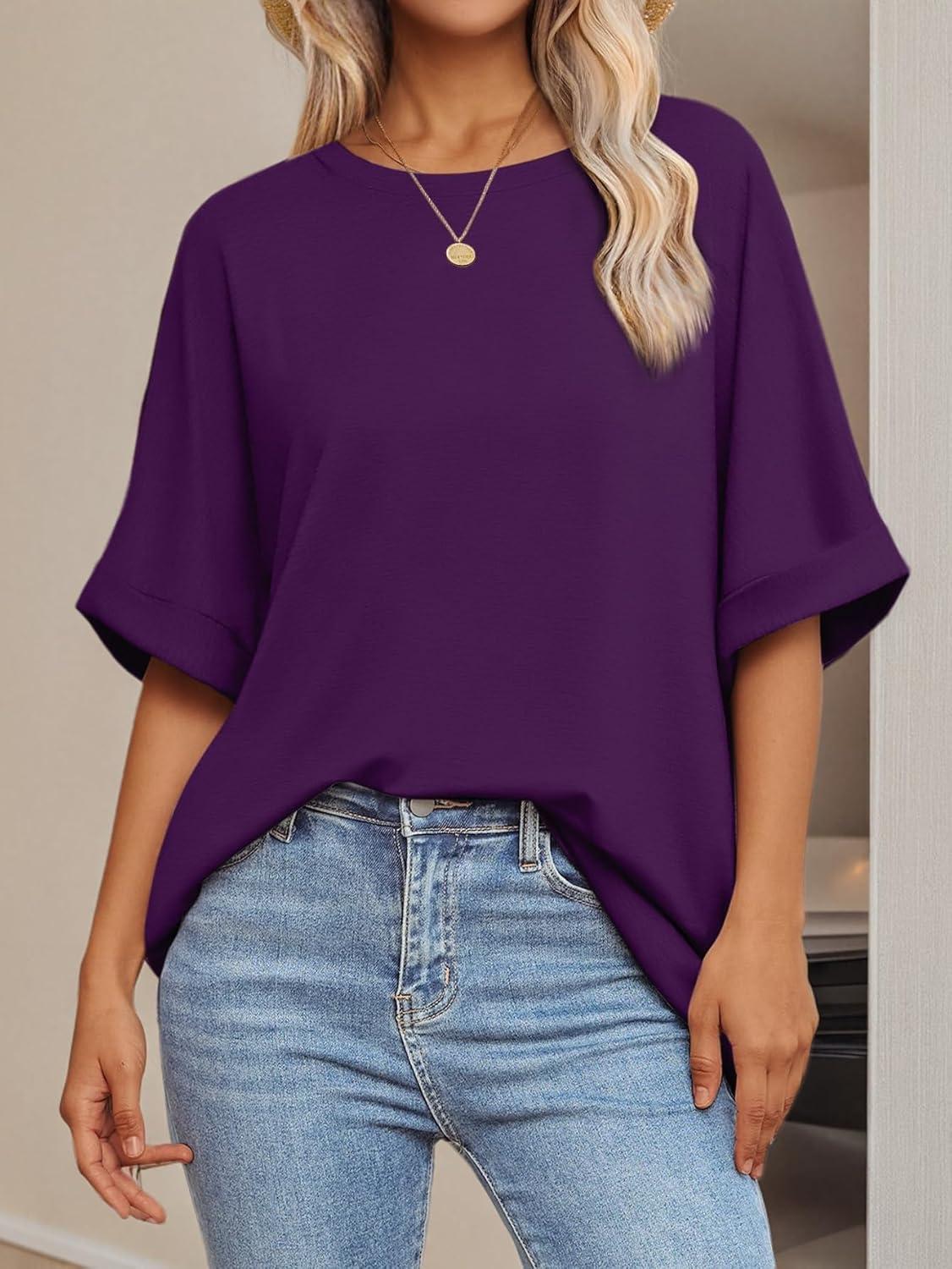 imageATHMILE Womens Oversized T Shirts Summer Tops Spring Casual Loose Fit Workout Short Sleeve 2025 Beach VacationDark Purple