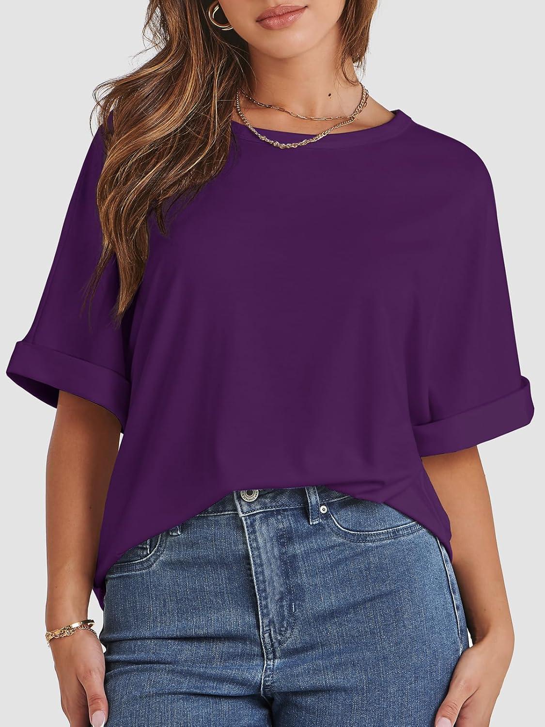 imageATHMILE Womens Oversized T Shirts Summer Tops Spring Casual Loose Fit Workout Short Sleeve 2025 Beach VacationDark Purple