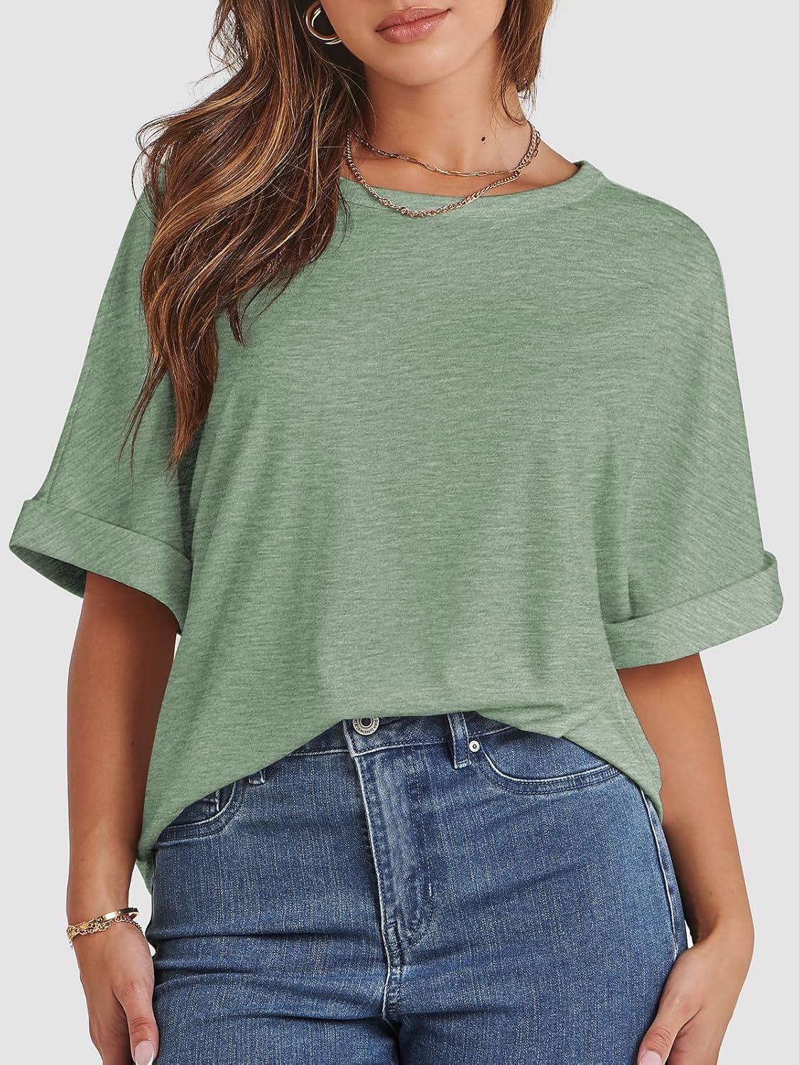 imageATHMILE Womens Oversized T Shirts Summer Tops Spring Casual Loose Fit Workout Short Sleeve 2025 Beach VacationGray Green