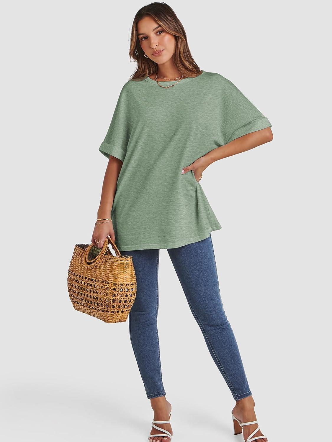 imageATHMILE Womens Oversized T Shirts Summer Tops Spring Casual Loose Fit Workout Short Sleeve 2025 Beach VacationGray Green