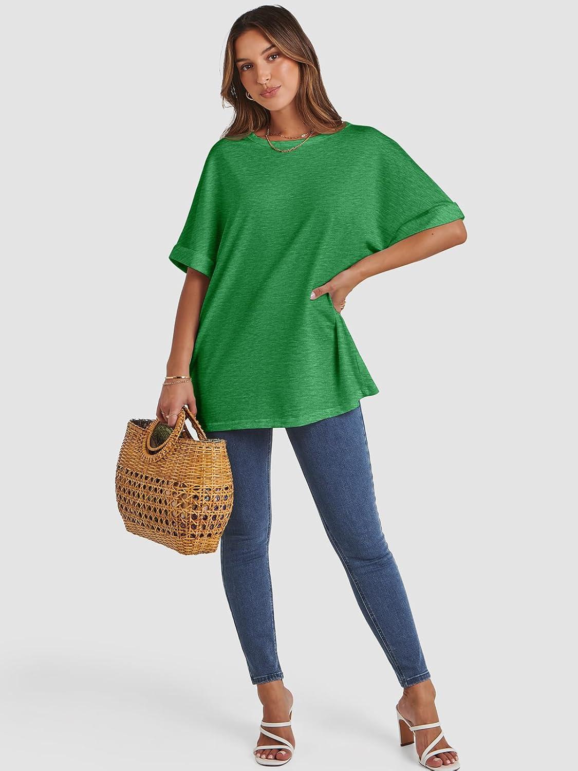 imageATHMILE Womens Oversized T Shirts Summer Tops Spring Casual Loose Fit Workout Short Sleeve 2025 Beach VacationGreen