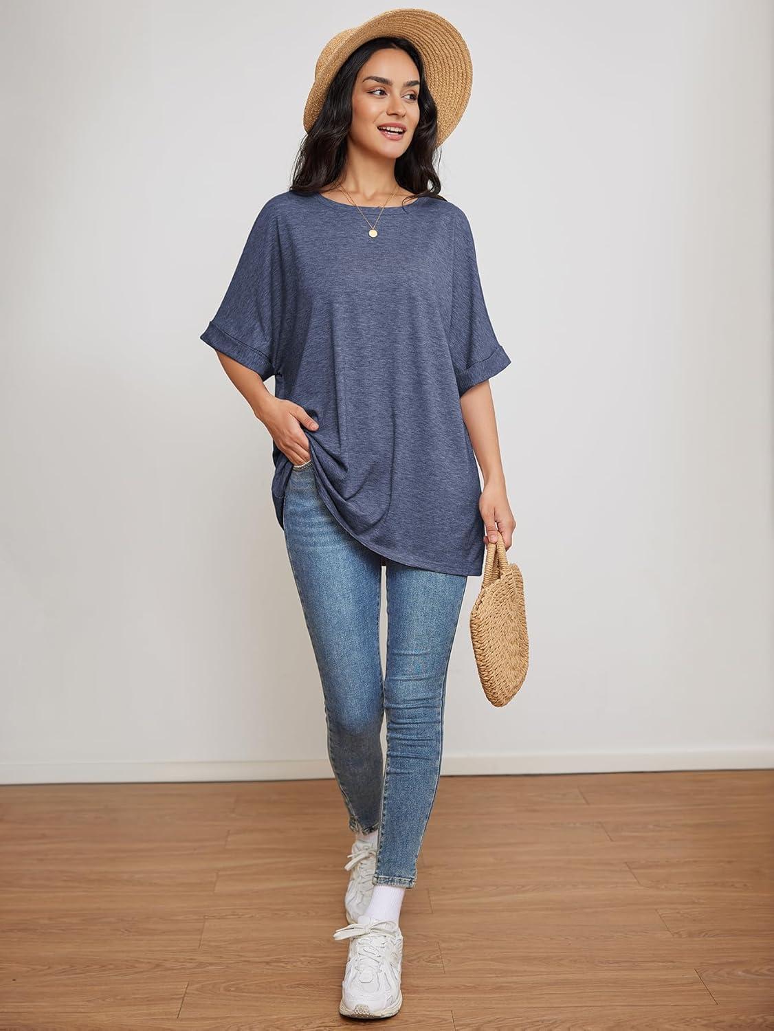 imageATHMILE Womens Oversized T Shirts Summer Tops Spring Casual Loose Fit Workout Short Sleeve 2025 Beach VacationGrey Blue