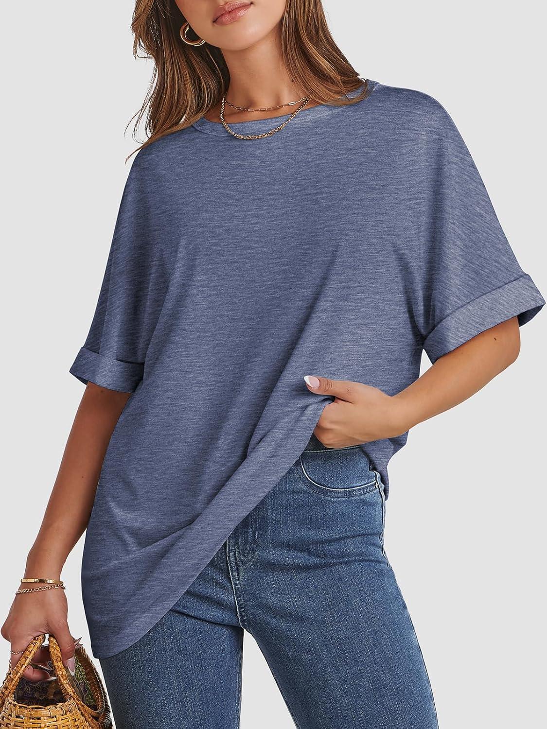 imageATHMILE Womens Oversized T Shirts Summer Tops Spring Casual Loose Fit Workout Short Sleeve 2025 Beach VacationGrey Blue
