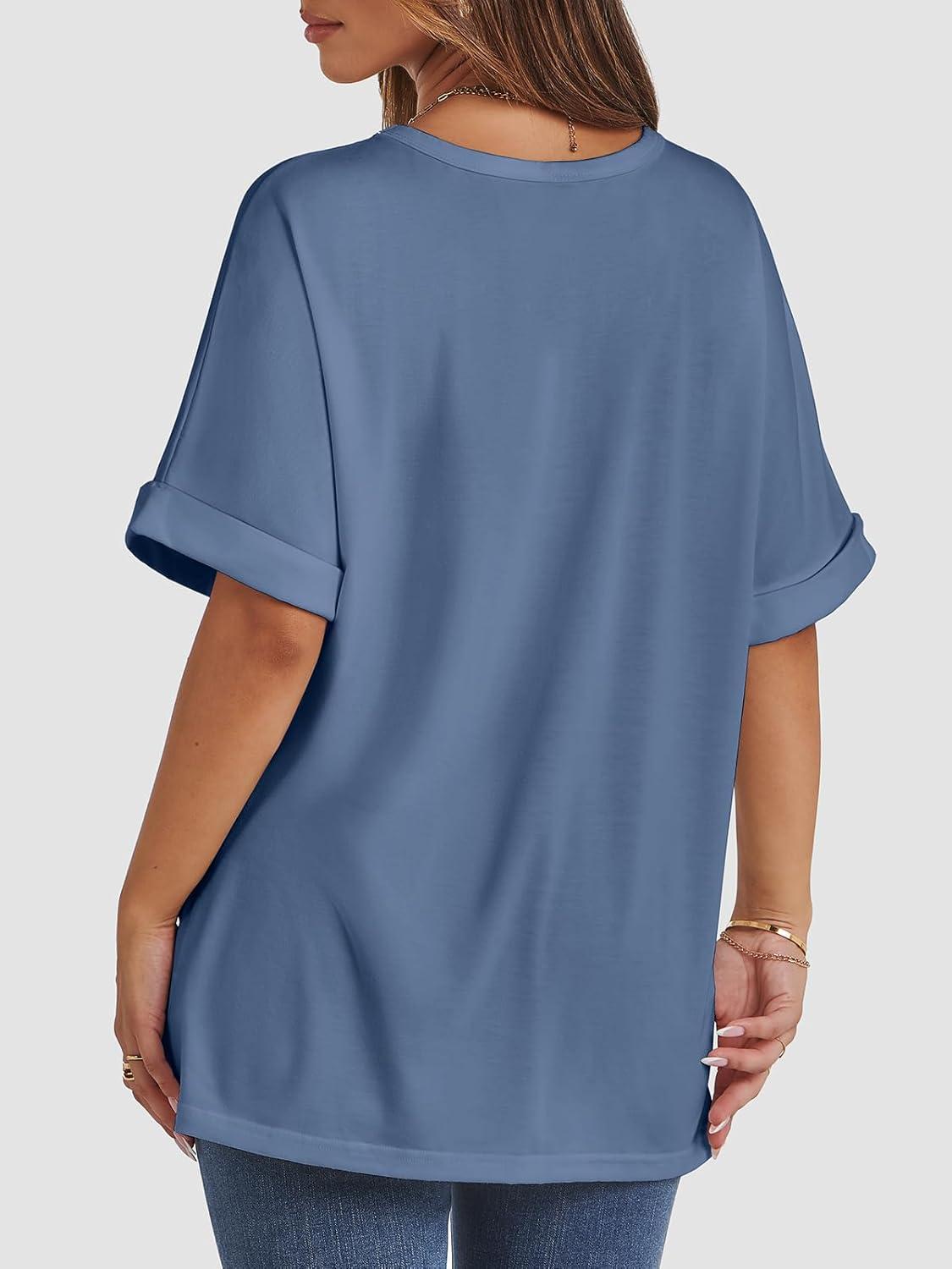 imageATHMILE Womens Oversized T Shirts Summer Tops Spring Casual Loose Fit Workout Short Sleeve 2025 Beach VacationGrey Blue
