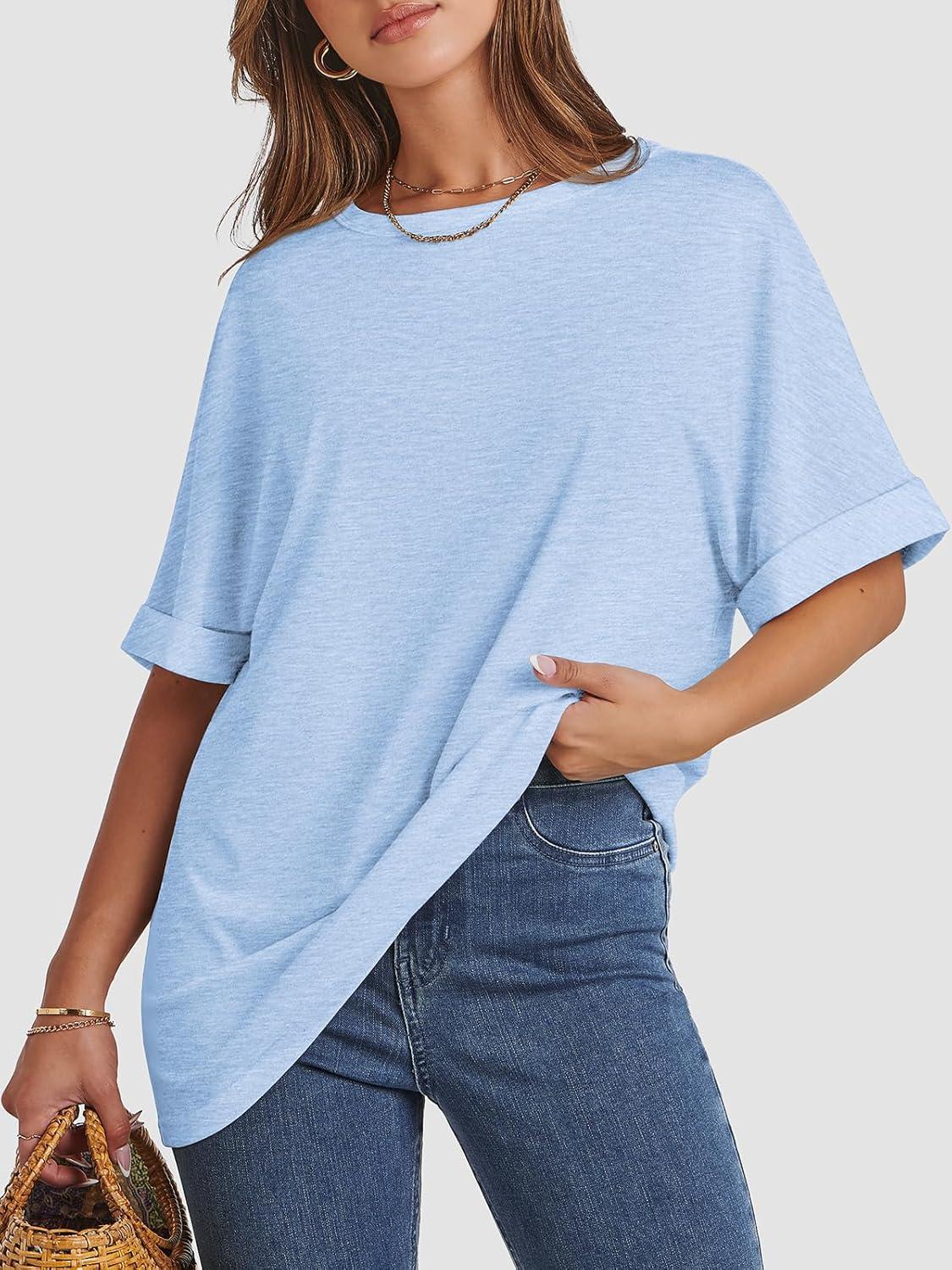 imageATHMILE Womens Oversized T Shirts Summer Tops Spring Casual Loose Fit Workout Short Sleeve 2025 Beach VacationIce Blue