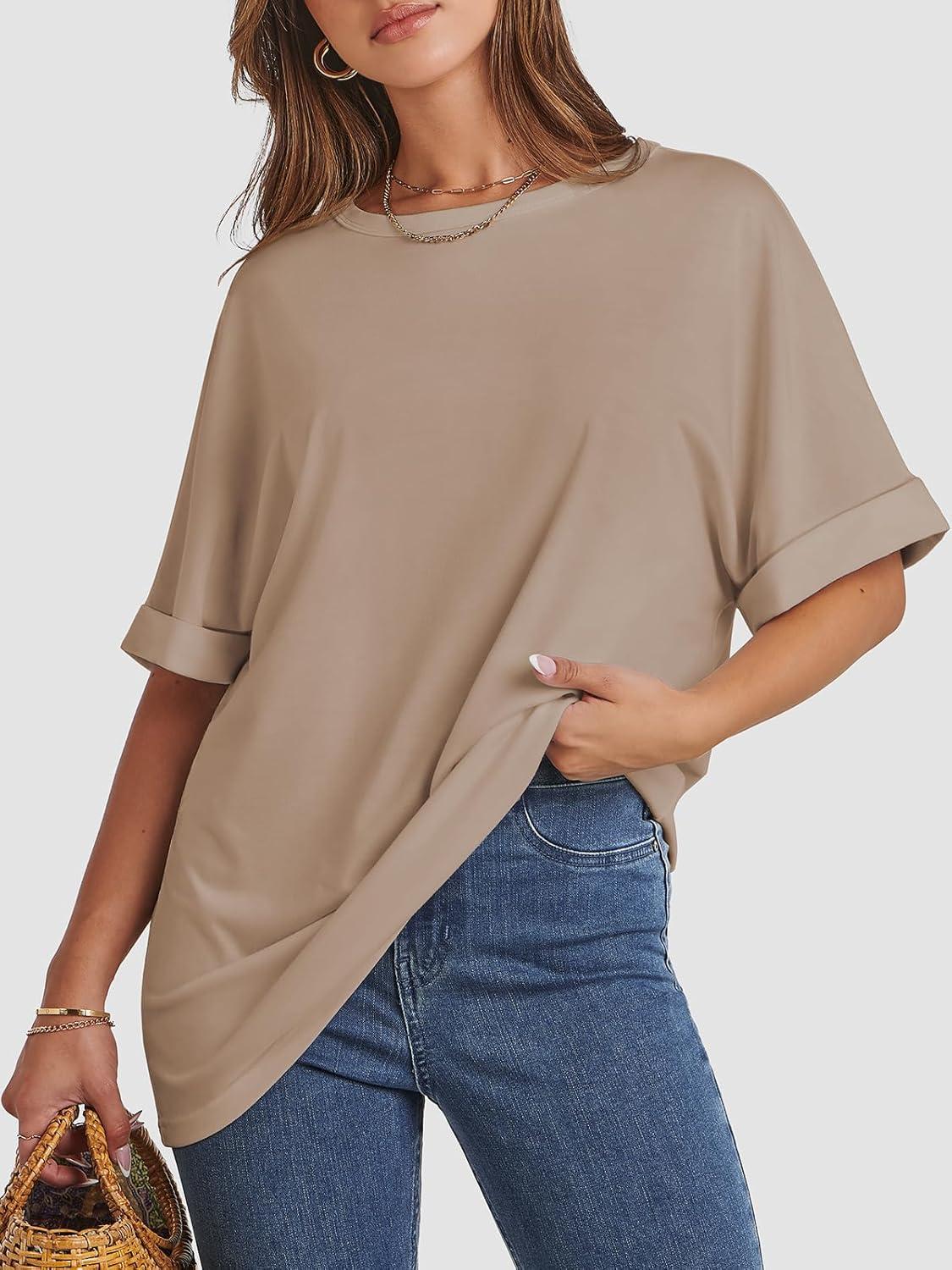 imageATHMILE Womens Oversized T Shirts Summer Tops Spring Casual Loose Fit Workout Short Sleeve 2025 Beach VacationKhaki