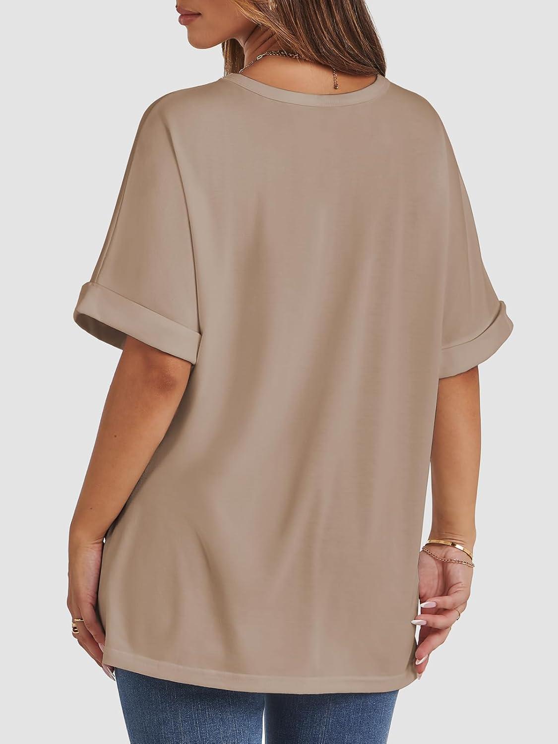 imageATHMILE Womens Oversized T Shirts Summer Tops Spring Casual Loose Fit Workout Short Sleeve 2025 Beach VacationKhaki