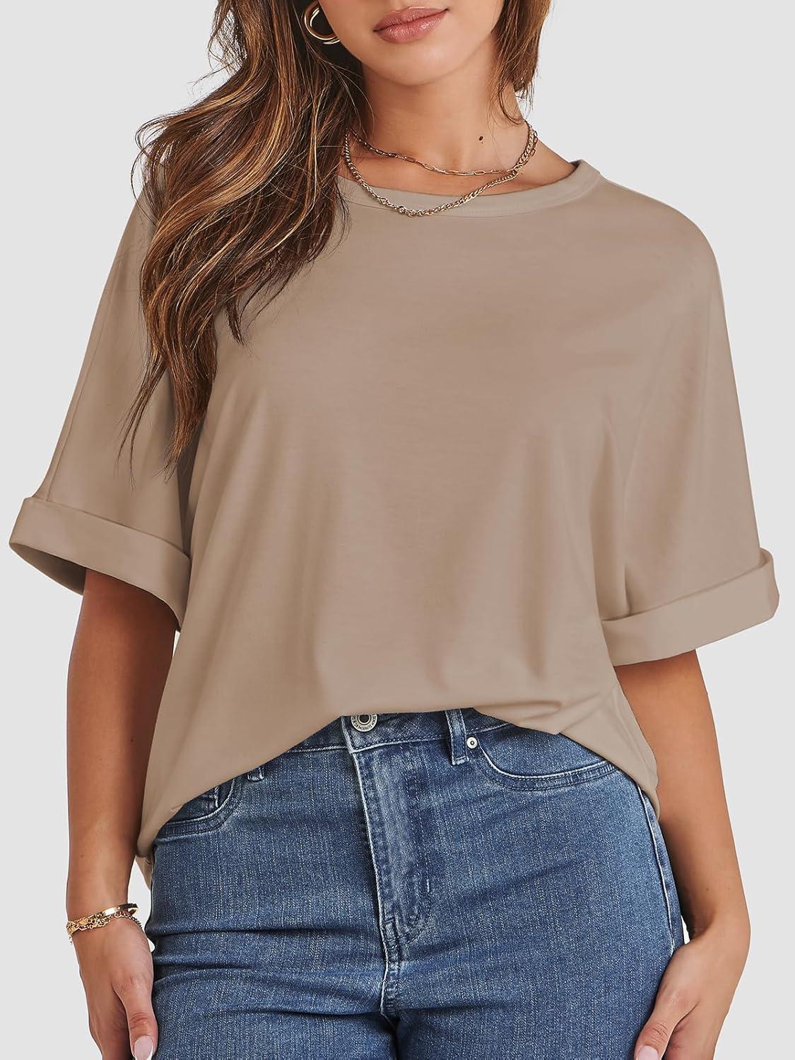 imageATHMILE Womens Oversized T Shirts Summer Tops Spring Casual Loose Fit Workout Short Sleeve 2025 Beach VacationKhaki