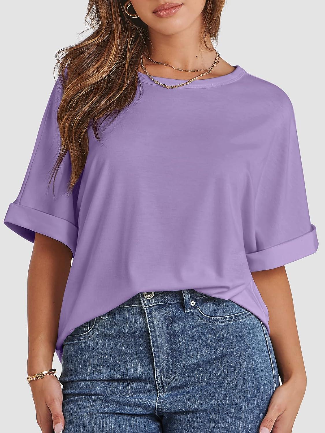 imageATHMILE Womens Oversized T Shirts Summer Tops Spring Casual Loose Fit Workout Short Sleeve 2025 Beach VacationLavender