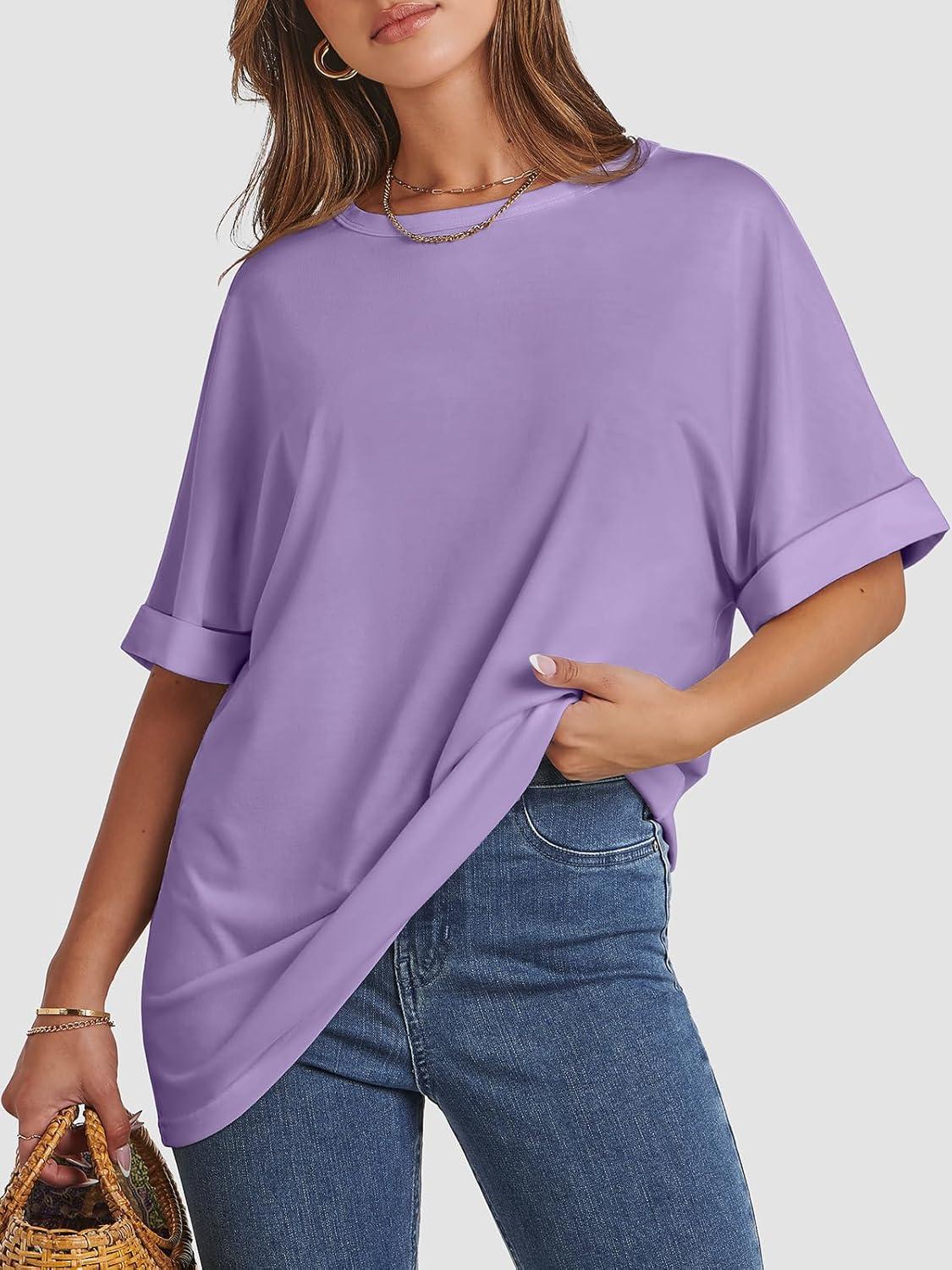 imageATHMILE Womens Oversized T Shirts Summer Tops Spring Casual Loose Fit Workout Short Sleeve 2025 Beach VacationLavender