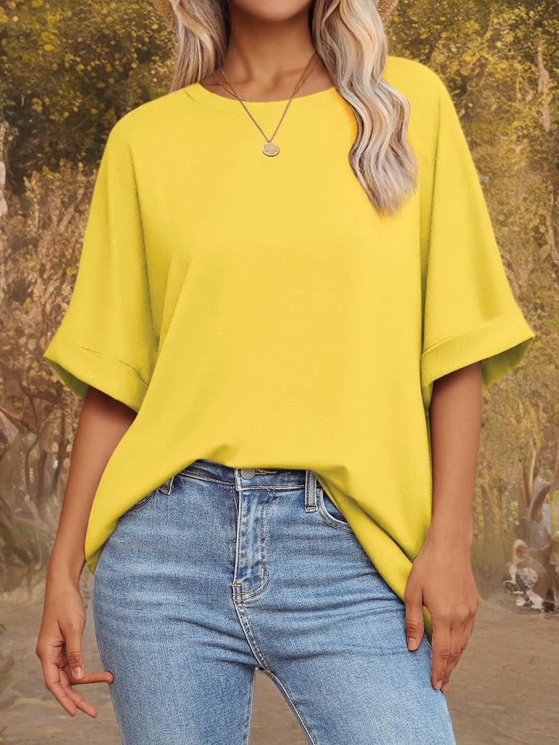 imageATHMILE Womens Oversized T Shirts Summer Tops Spring Casual Loose Fit Workout Short Sleeve 2025 Beach VacationLemon Yellow