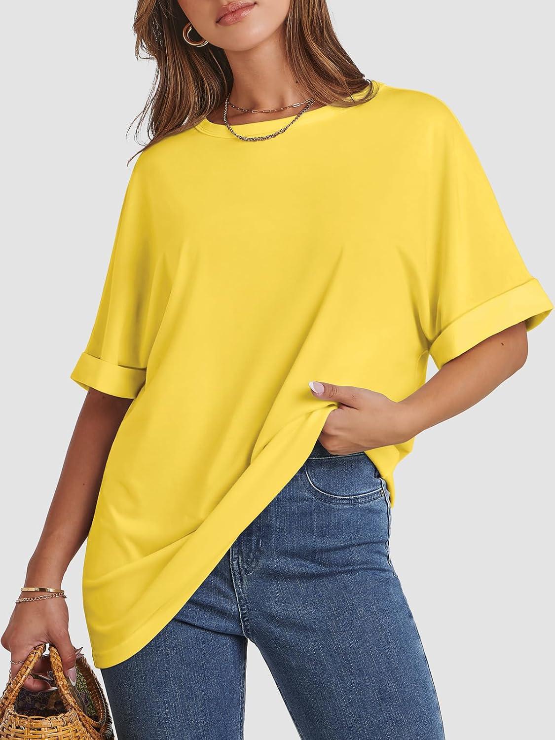 imageATHMILE Womens Oversized T Shirts Summer Tops Spring Casual Loose Fit Workout Short Sleeve 2025 Beach VacationLemon Yellow