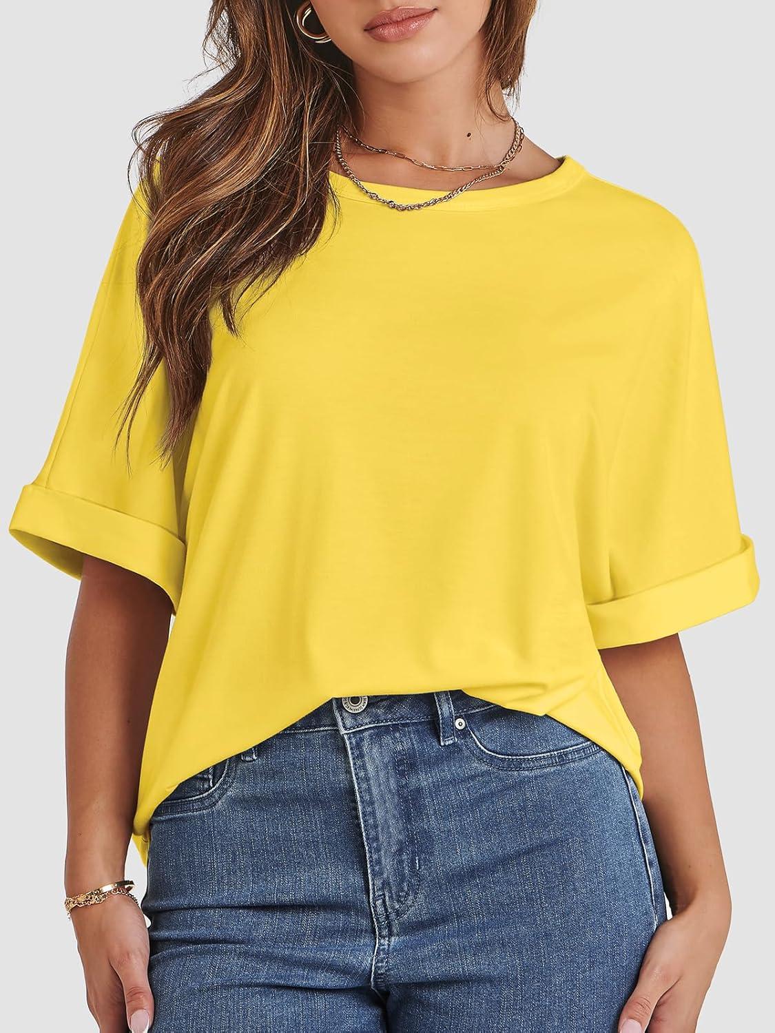 imageATHMILE Womens Oversized T Shirts Summer Tops Spring Casual Loose Fit Workout Short Sleeve 2025 Beach VacationLemon Yellow