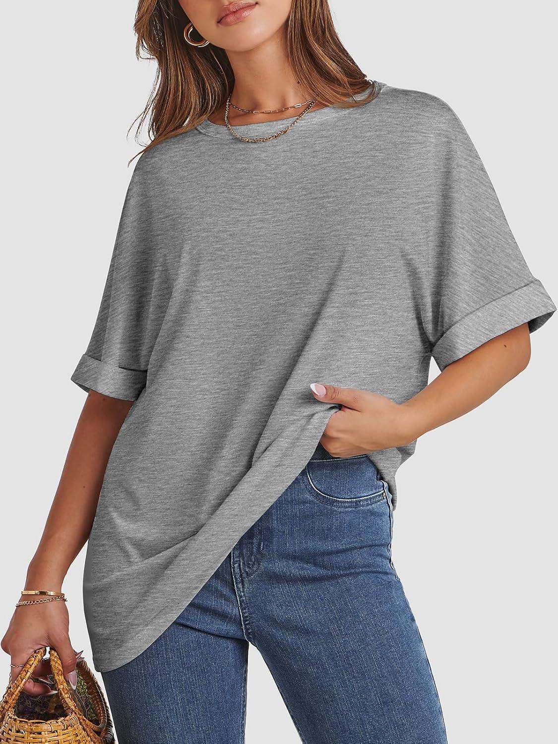 imageATHMILE Womens Oversized T Shirts Summer Tops Spring Casual Loose Fit Workout Short Sleeve 2025 Beach VacationLight Gray