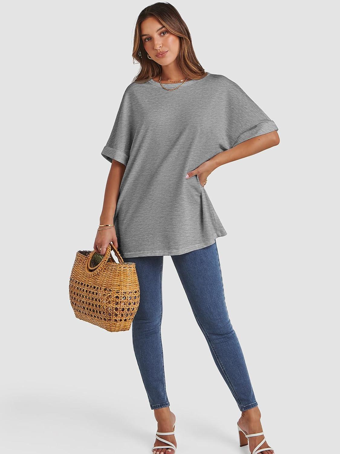 imageATHMILE Womens Oversized T Shirts Summer Tops Spring Casual Loose Fit Workout Short Sleeve 2025 Beach VacationLight Gray