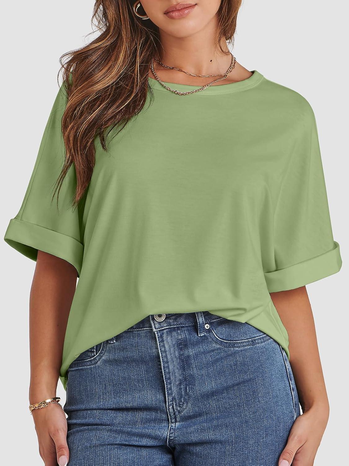 imageATHMILE Womens Oversized T Shirts Summer Tops Spring Casual Loose Fit Workout Short Sleeve 2025 Beach VacationLight Green