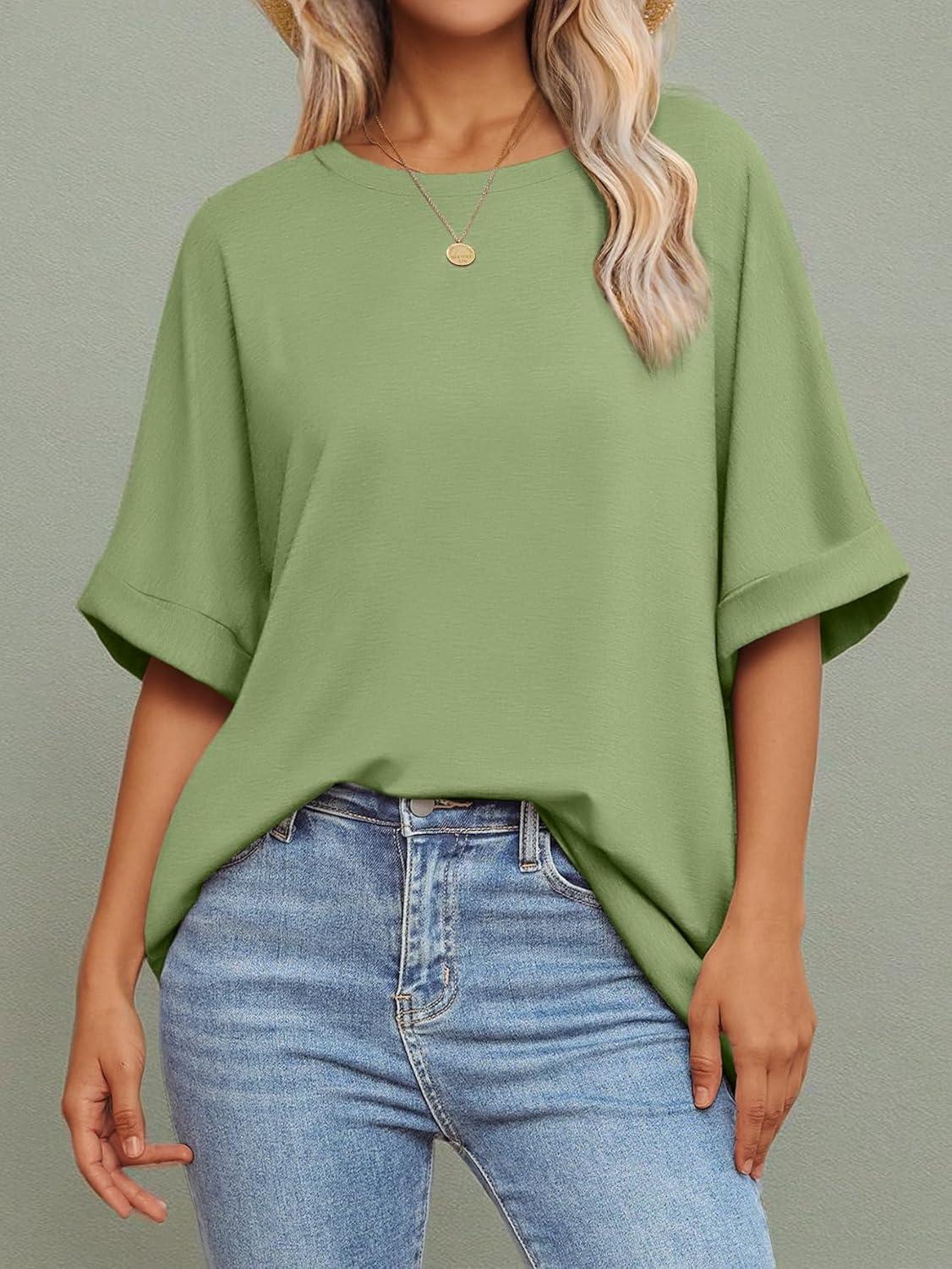 imageATHMILE Womens Oversized T Shirts Summer Tops Spring Casual Loose Fit Workout Short Sleeve 2025 Beach VacationLight Green