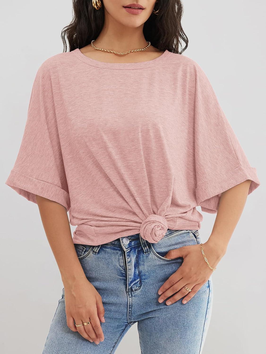 imageATHMILE Womens Oversized T Shirts Summer Tops Spring Casual Loose Fit Workout Short Sleeve 2025 Beach VacationLight Pink