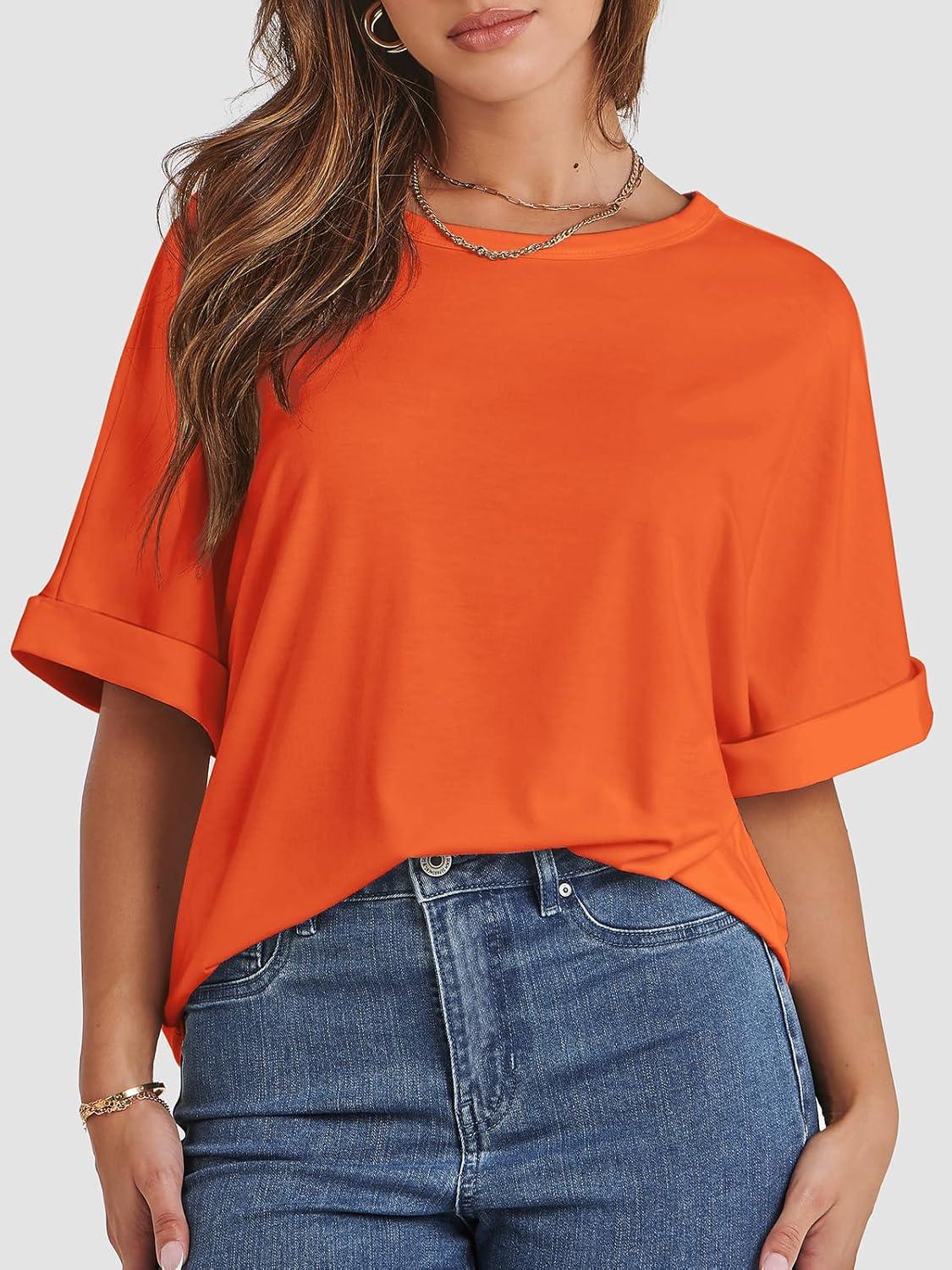 imageATHMILE Womens Oversized T Shirts Summer Tops Spring Casual Loose Fit Workout Short Sleeve 2025 Beach VacationOrange