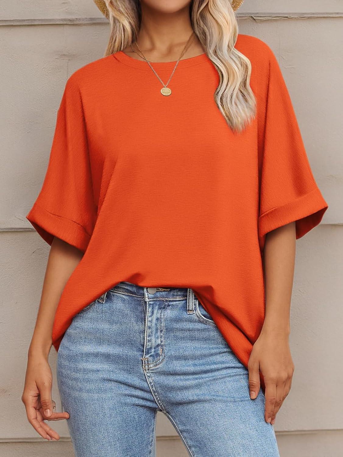 imageATHMILE Womens Oversized T Shirts Summer Tops Spring Casual Loose Fit Workout Short Sleeve 2025 Beach VacationOrange