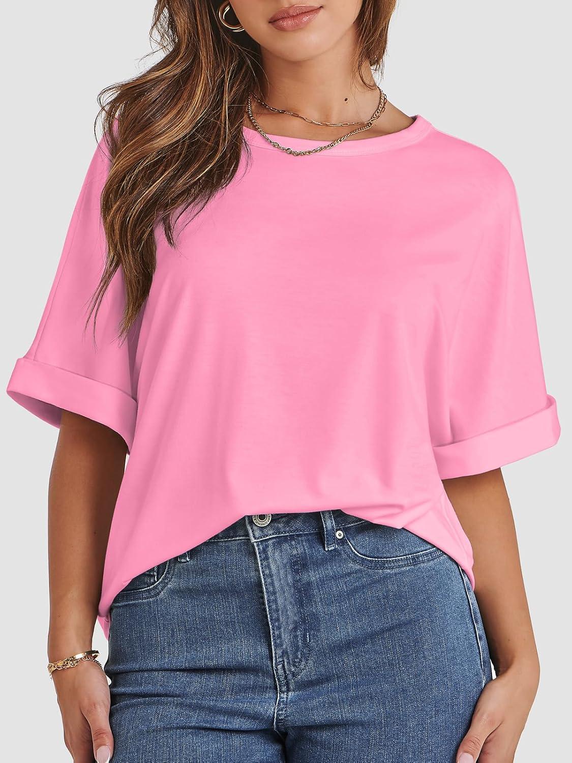 imageATHMILE Womens Oversized T Shirts Summer Tops Spring Casual Loose Fit Workout Short Sleeve 2025 Beach VacationPink