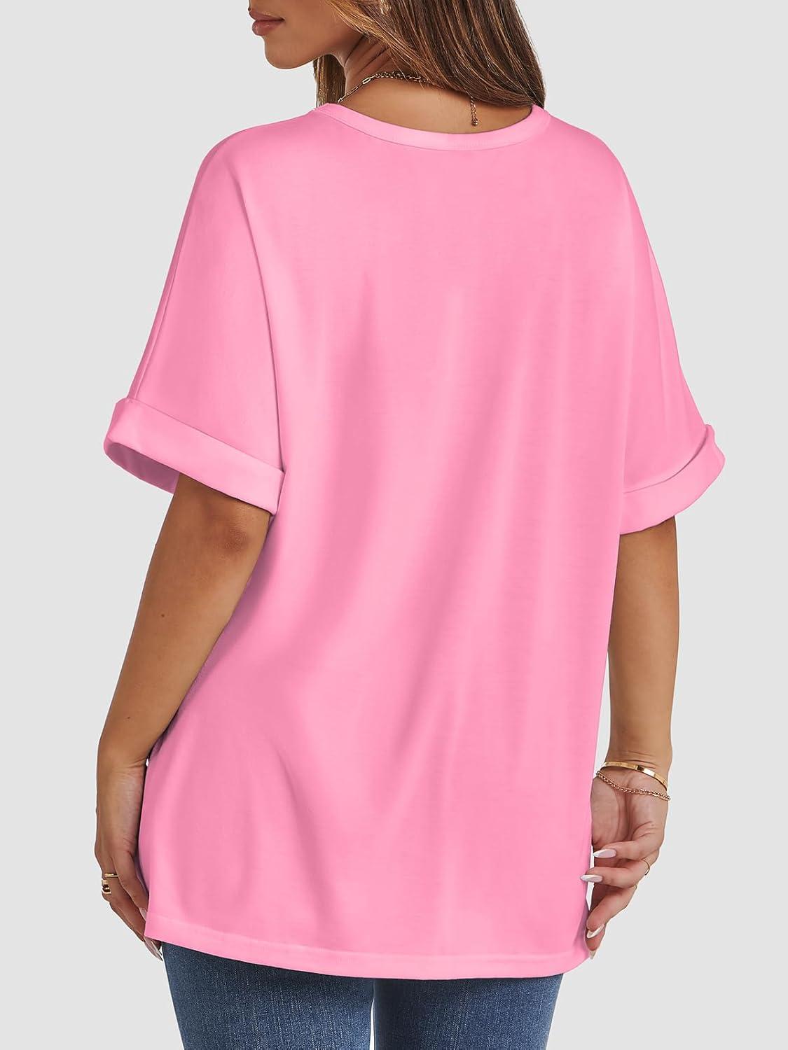 imageATHMILE Womens Oversized T Shirts Summer Tops Spring Casual Loose Fit Workout Short Sleeve 2025 Beach VacationPink
