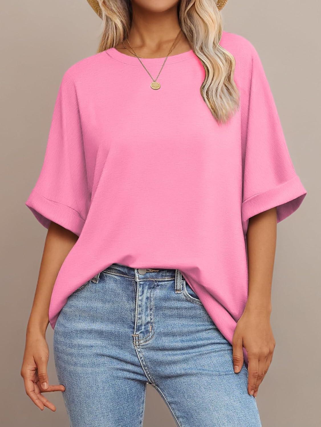 imageATHMILE Womens Oversized T Shirts Summer Tops Spring Casual Loose Fit Workout Short Sleeve 2025 Beach VacationPink