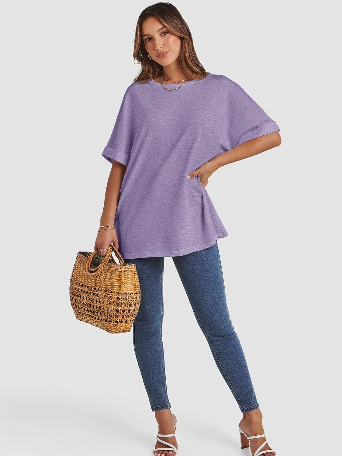 imageATHMILE Womens Oversized T Shirts Summer Tops Spring Casual Loose Fit Workout Short Sleeve 2025 Beach VacationPurple